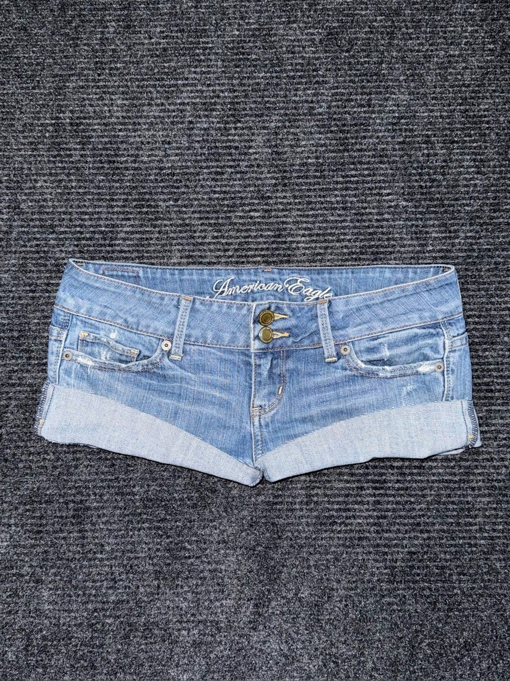 VTG Y2K American Eagle Ultra Low Rise Micro Mini Jean Shorts 2 Distressed Grunge
